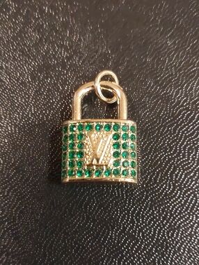 LV Gold Padlock Charm Pendant with Green Crystal Accents